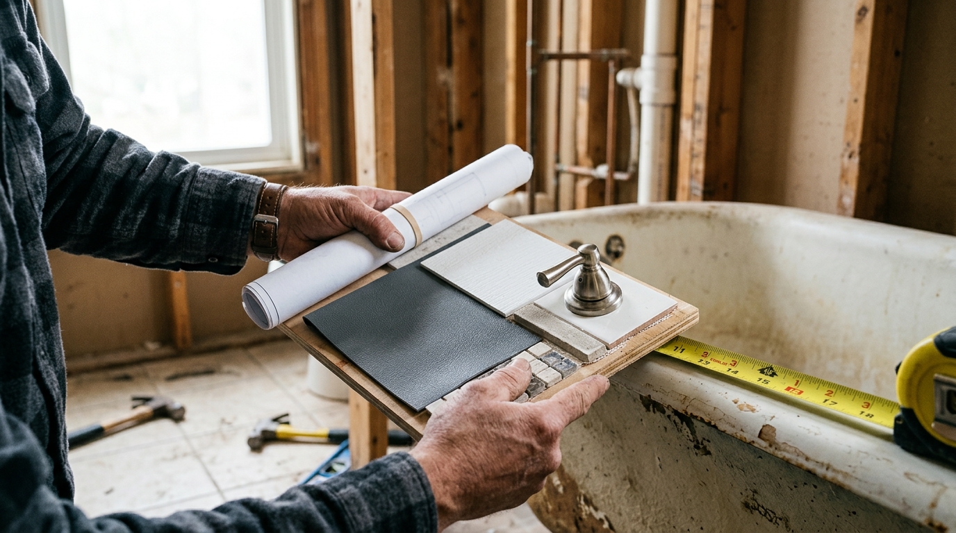 A specialist measures an aging tub-shower combo during an in-home bathroom design consultation in a Kentucky home