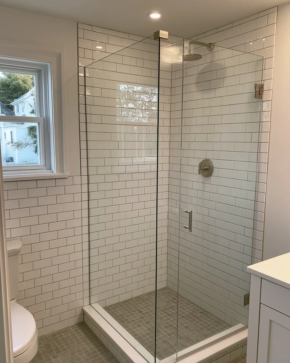 After: tiled walk-in shower with a frameless glass door and updated fixtures