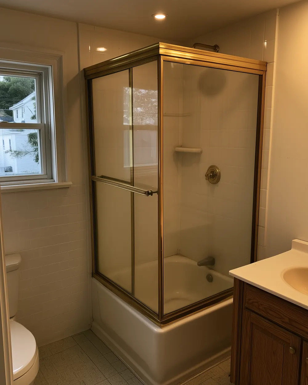 Before: worn bathtub alcove with old tile, prior to a tiled walk-in shower conversion