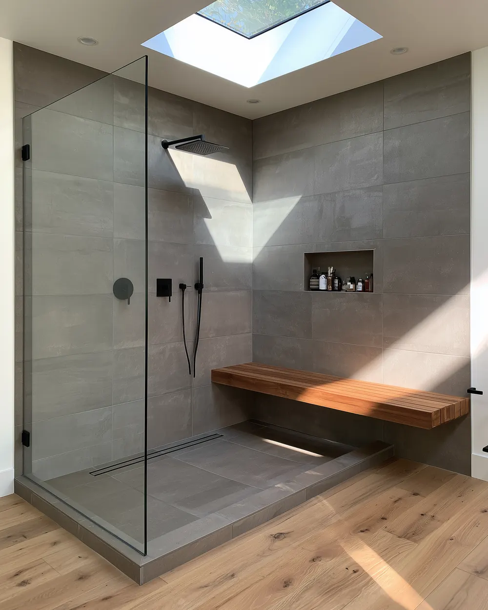 After: custom tiled shower with curbless entry, built-in bench and recessed niche