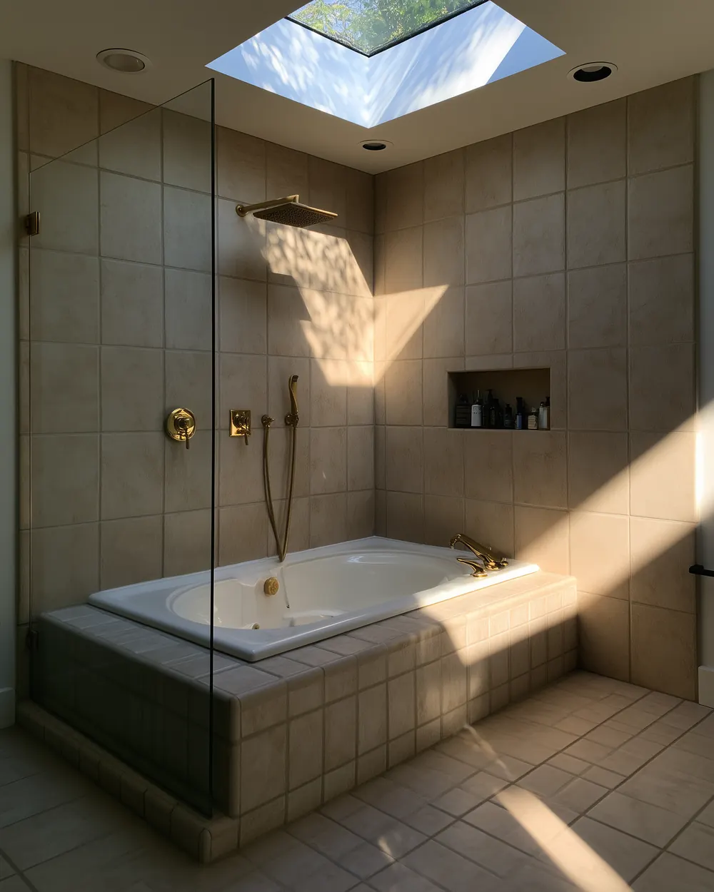 Before: standard bathroom with a raised-threshold tub, prior to a custom curbless shower remodel